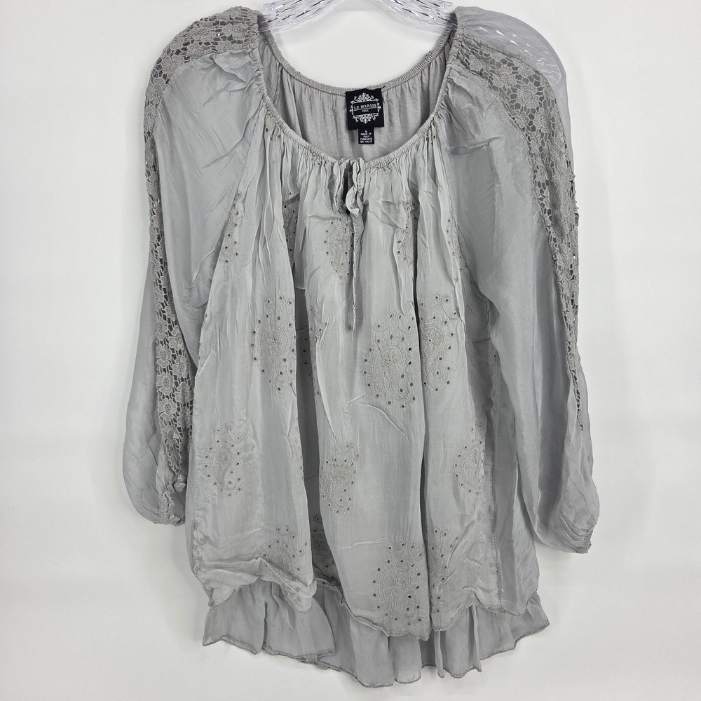 Le Marais Paris Silk Blouse M Gray Boho Art-Inspired Lace Eyelet Ruffle Top